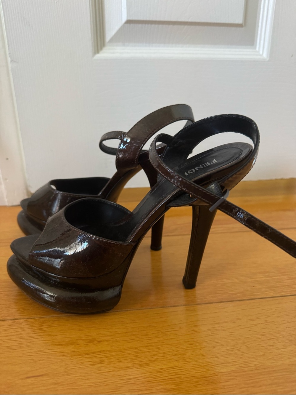 Fendi Brown Patent Leather Pointed-Toe Ankle-Strap Heels
